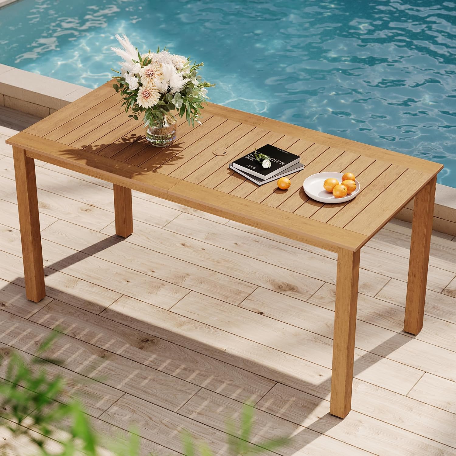 YEFU Outdoor Dining Table for 6, All-Weather HIPS, Aluminum Frame, Teak
Size: 1 Rectangular Table
