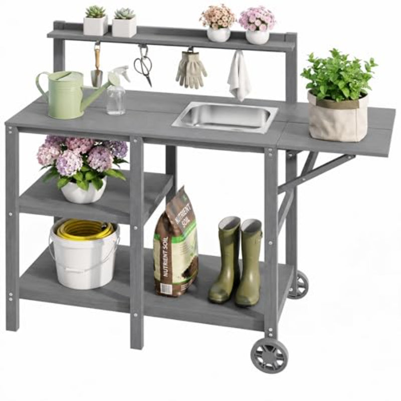 YEFU Outdoor Potting Bench with Sink: All-Weather HIPS Potting Table with Folding Extension/Wheels/Hooks - Heavy Duty Potting Benches for Outside Gardening - Patio/Backyard 520lbs Capacity (Grey)