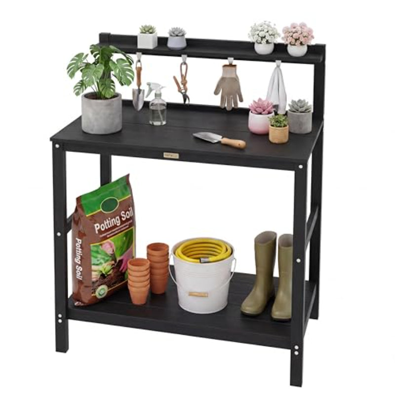 YEFU Outdoor Potting Bench with Storage: 3-Tier HIPS Potting Table with Wide-Panel Shelf/Hooks - All-Weather Heavy Duty Gardening Table for Patio Backyard Porch Easy to Clean 420lbs Capacity (Black)