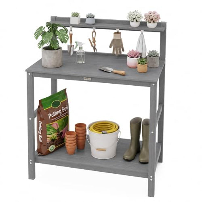 YEFU Outdoor Potting Bench with Storage: 3-Tier HIPS Potting Table with Wide-Panel Shelf/Hooks - All-Weather Heavy Duty Gardening Table for Patio Backyard Porch Easy to Clean 420lbs Capacity (Grey)