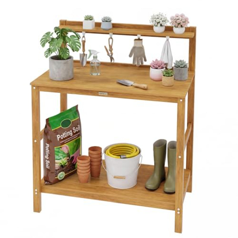 YEFU Outdoor Potting Bench with Storage: 3-Tier HIPS Potting Table with Wide-Panel Shelf/Hooks - All-Weather Heavy Duty Gardening Table for Patio Backyard Porch Easy to Clean 420lbs Capacity (Teak)