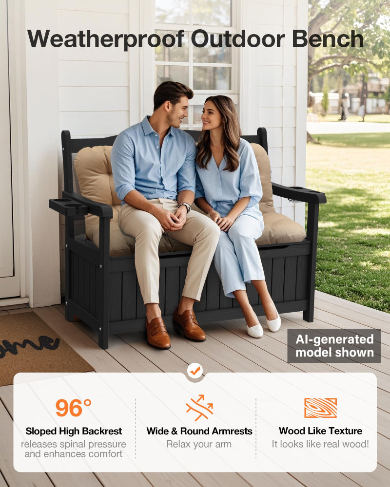 Couple sitting on a weatherproof outdoor bench with text highlighting features.