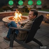 Man sitting in a ergonomic chair by a fire pit with text highlighting features.