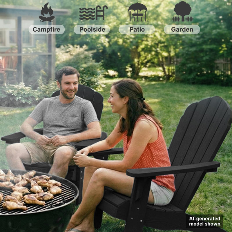 Two people sitting in Adirondack chairs on a patio with text 'Create Moments That Matter With Family & Friends'.