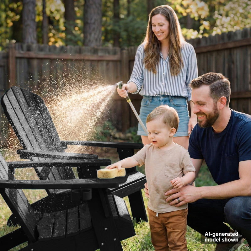 Family cleaning outdoor furniture with text 'Zero Maintenance' and 'Spend time relaxing not repairing'.