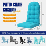 Turquoise patio chair cushion with dimensions and compatibility information on a white background
