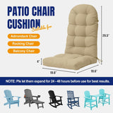 Beige patio chair cushion with dimensions and compatibility for Adirondack, rocking, and balcony chairs.