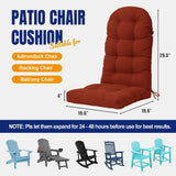 Patio chair cushion shown on a light gray background with dimension labels indicating width, height, and depth. The main cushion is rust red/brown, with text noting suitability for adirondack, rocking, and balcony chairs.