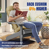 Man reading a book on a high-back chair with text about back cushion height and support.