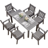 A dark grey plastic Adirondack chair set including one table and six chairs, set on a white background.